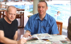 Grammarman creator Brian Boyd (right) with Josef Essberger