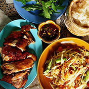 grilled chicken, som tam and sticky rice