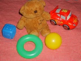 teddy bear, ring, car, block, ball