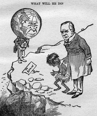 Contemporary American cartoon showing US President McKinley deciding the fate of the Philippines